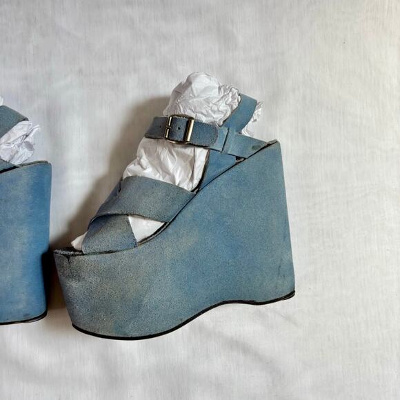 1970s Blue Leather Platform Heels Strappy Shoe 6" Heel Greek Leather by Alpi - Picture 7 of 12